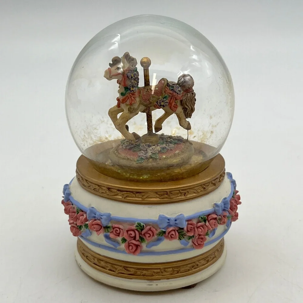 San Francisco Music Box Company Carousel Horse Snow Globe Floral Rose Vintage